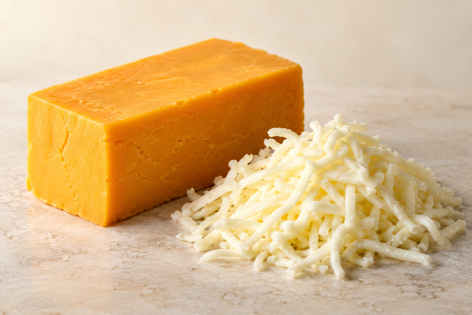 Cheddar cheese block and grated mozzarella